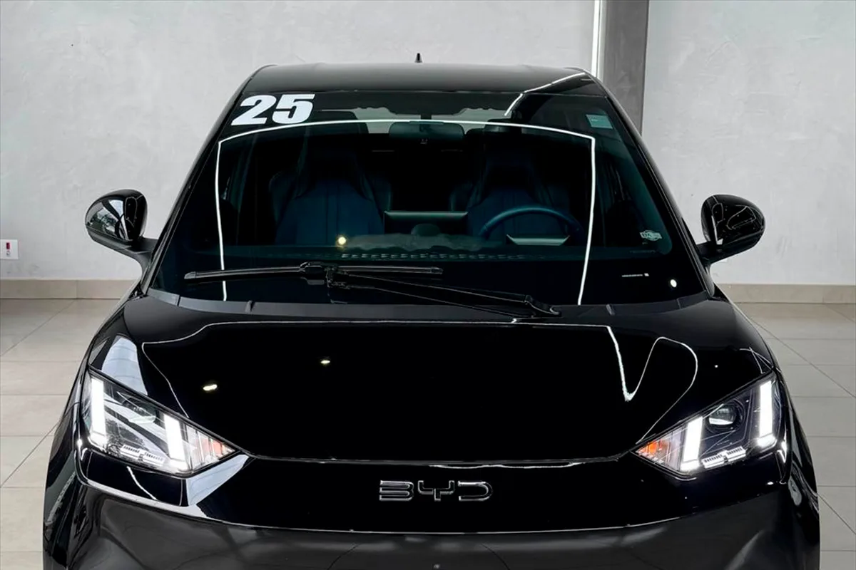 BYD Dolphin Mini preto visto de frente na estrutura da Alpha Mobi